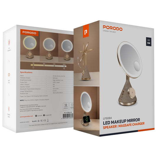 Porodo LED Makeup Mirror, Compatible With MagSafe, 5W Speaker Output, 15W Wireless Charging, 3Color Temperature,Lighted Makeup Tabletop Mirror for Dressing Room Bedroom - Gold