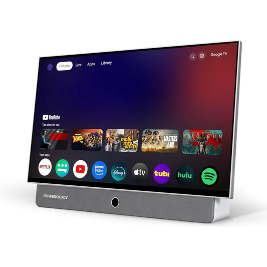 Powerology Portable FHD TV 1080P,Portable Smart Tv, Rechargeable 27 Inch, 7h Watch Time, Android TV with Speakers, Google Assistant, Google tv, Shahid, Netflix, for Camping, Kitchen, Bedroom