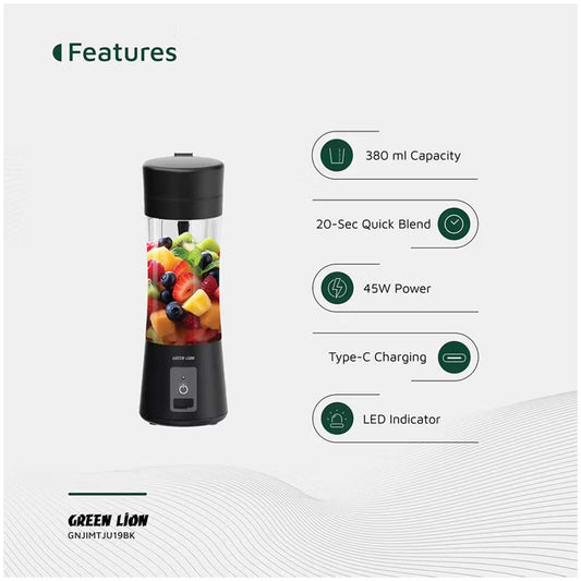 Green Lion Juice Mate Portable Juicer with 380mL Capacity, 6-Blade Design, Up to 15 Blending Cycles, 1200mAh Battery & USB-C Charging Port, LED Indicator, 20 Seconds Single Blend Time, BPA-Free & Food-Grade Material - Black