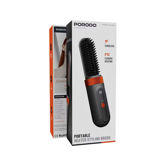 Porodo Lifestyle Portable Heated Styling Brush with PTC and Ceramic Heating Plate, 3 Temperature Settings, Type-C Charging Port, 4000mAh Battery Capacity, 1 Hour Working Time, Portable Design - Black