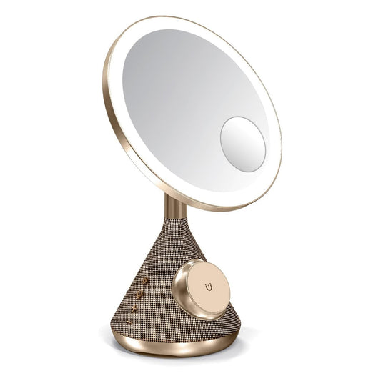 Porodo LED Makeup Mirror, Compatible With MagSafe, 5W Speaker Output, 15W Wireless Charging, 3Color Temperature,Lighted Makeup Tabletop Mirror for Dressing Room Bedroom - Gold