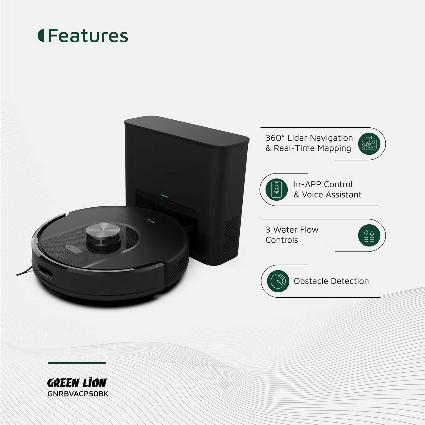 Green Lion Smart Robot Vacuum Pro with 4000Pa Suction Power, Sweeping & Mopping Functions, 140 Minutes Runtime, Auto-Recharge & Resume, Obstacle Detection - Black