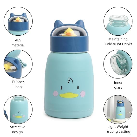 Cute Cartoon Glass Water Bottle with Animal Design Cap, Double Layer Inner Glass Outer Plastic