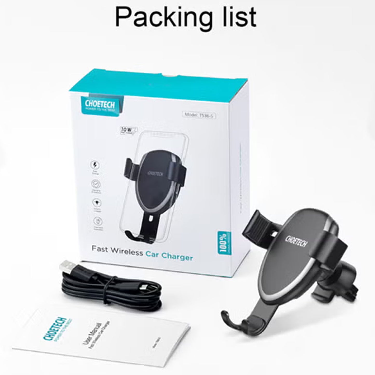 10W Fast Wireless Car Charger for Apple/Samsung/Huawei/Mi & Qi Enable Phones Grey/Black