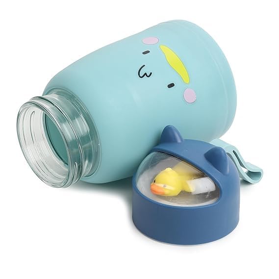 Cute Cartoon Glass Water Bottle with Animal Design Cap, Double Layer Inner Glass Outer Plastic