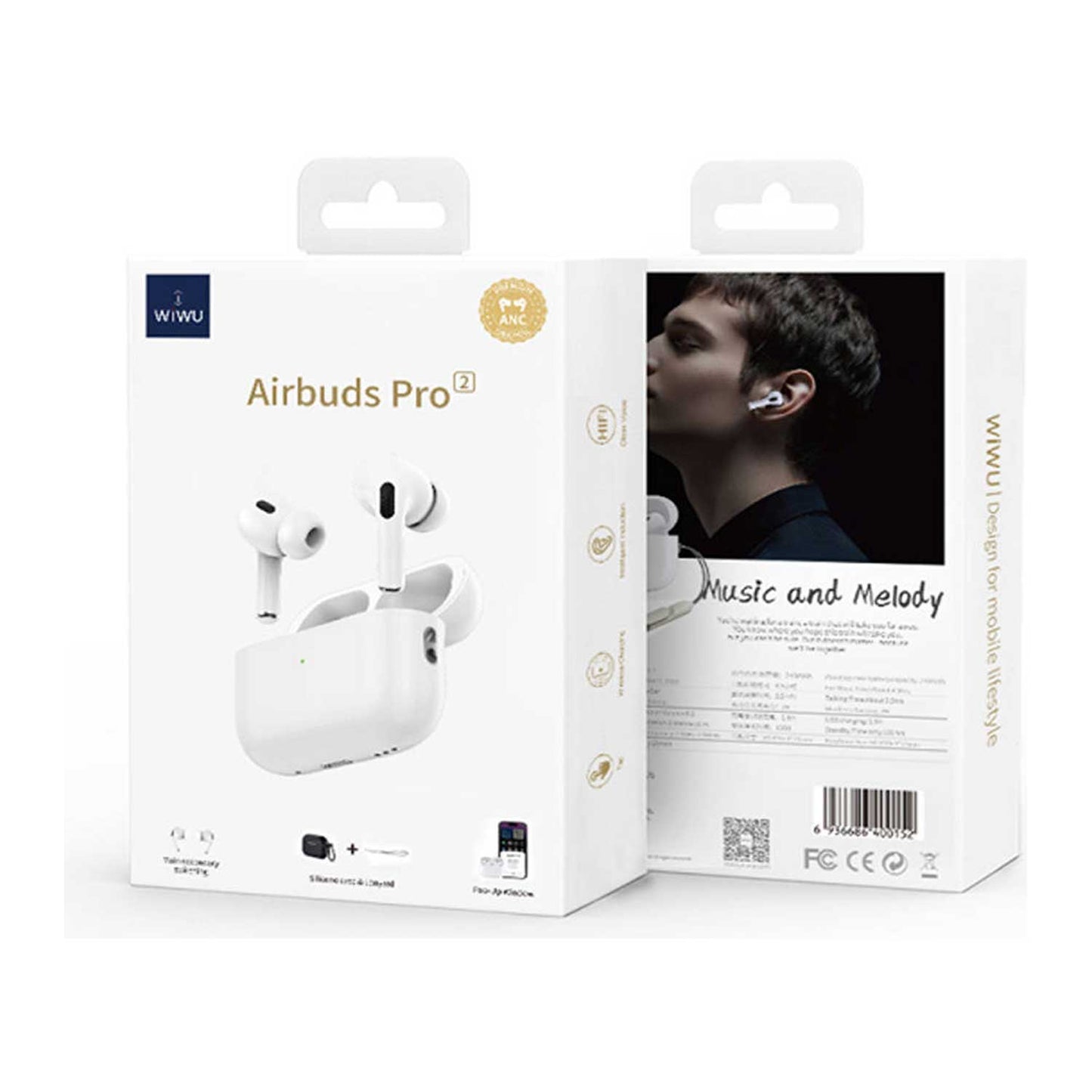 Wiwu Airbuds Pro 2F, Active Noise Cancellation, HIFI Clear Voice, Bluetooth 5.2, Up to 6H Playback, 10m Wireless Range, Tap Function, Pop-up Window, Silicon case & Lanyard, White | AP2FW