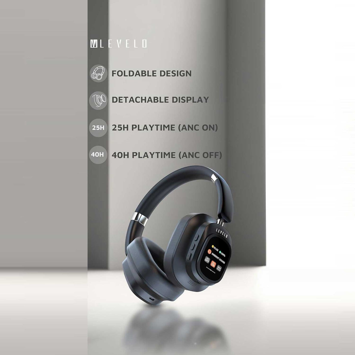 Levelo VibeMaster Hybrid ANC Headphones, 5 EQ Modes, Playtime 25H (ANC On), Playtime 40H (ANC Off), Portable Touch Display, Foldable Design, 2H Headphones /1.5H Screen Charging Time - Black