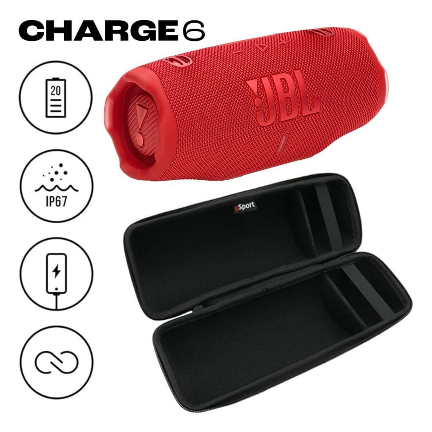 JBL Charge 6 Waterproof Portable Speaker Bundle with gSport Carbon Fiber Case (Red) Visit the JBL Store