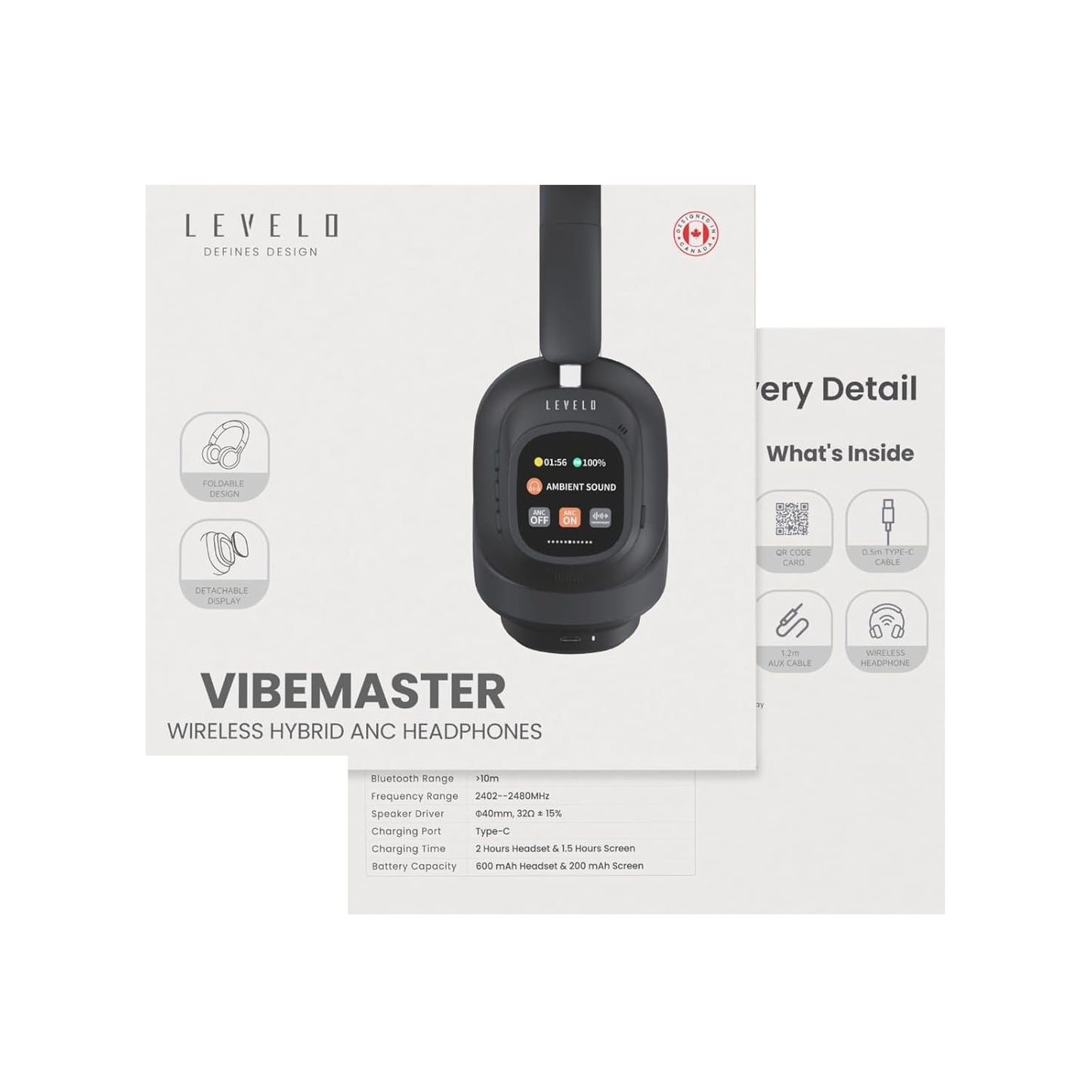Levelo VibeMaster Hybrid ANC Headphones, 5 EQ Modes, Playtime 25H (ANC On), Playtime 40H (ANC Off), Portable Touch Display, Foldable Design, 2H Headphones /1.5H Screen Charging Time - Black