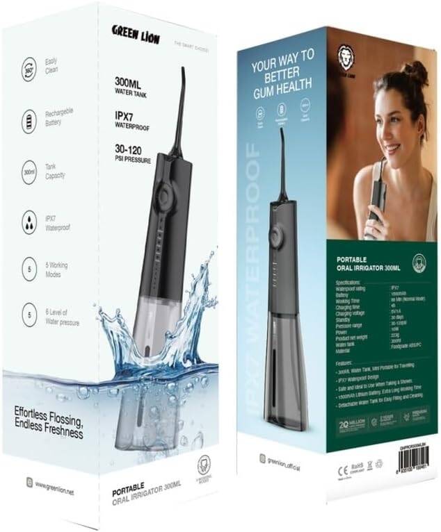 Green Lion Portable Oral Irrigator,Easy Clean,Rechargeable Battery,Detachable 300ML Tank Capacity,IPX7 Waterproof,5 Working Modes,6 Level Of Water Pressure,30-120 PSI,Safe Use While Showering