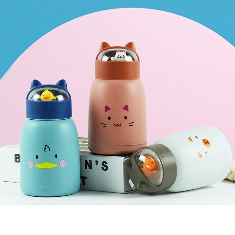 Cute Cartoon Glass Water Bottle with Animal Design Cap, Double Layer Inner Glass Outer Plastic
