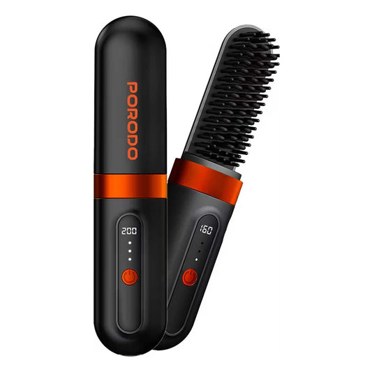 Porodo Lifestyle Portable Heated Styling Brush with PTC and Ceramic Heating Plate, 3 Temperature Settings, Type-C Charging Port, 4000mAh Battery Capacity, 1 Hour Working Time, Portable Design - Black