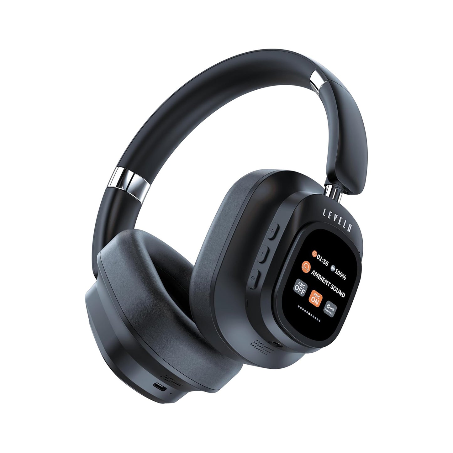 Levelo VibeMaster Hybrid ANC Headphones, 5 EQ Modes, Playtime 25H (ANC On), Playtime 40H (ANC Off), Portable Touch Display, Foldable Design, 2H Headphones /1.5H Screen Charging Time - Black