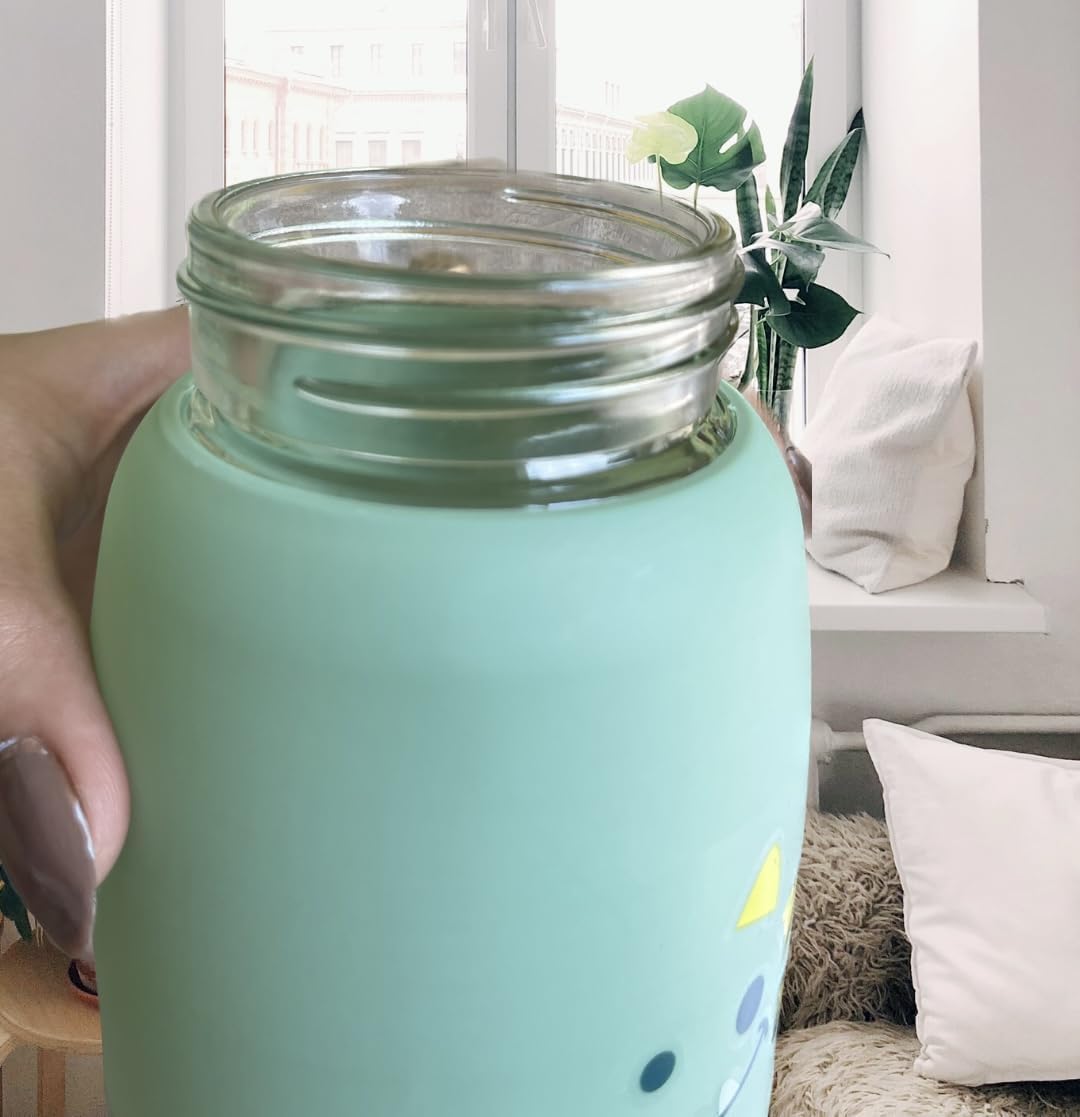 Cute Cartoon Glass Water Bottle with Animal Design Cap, Double Layer Inner Glass Outer Plastic