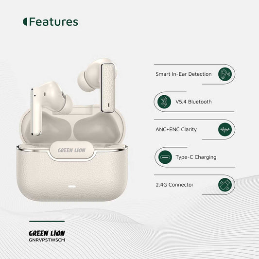 Green Lion River Plus True Wireless Earbuds, Bluetooth V5.4, 13mm Speaker, 6-7 Hours Playtime, Noise Reduction -42 dB, IPX4 Waterproof, Type-C Charging, 40mAh Earbuds Battery, Cream