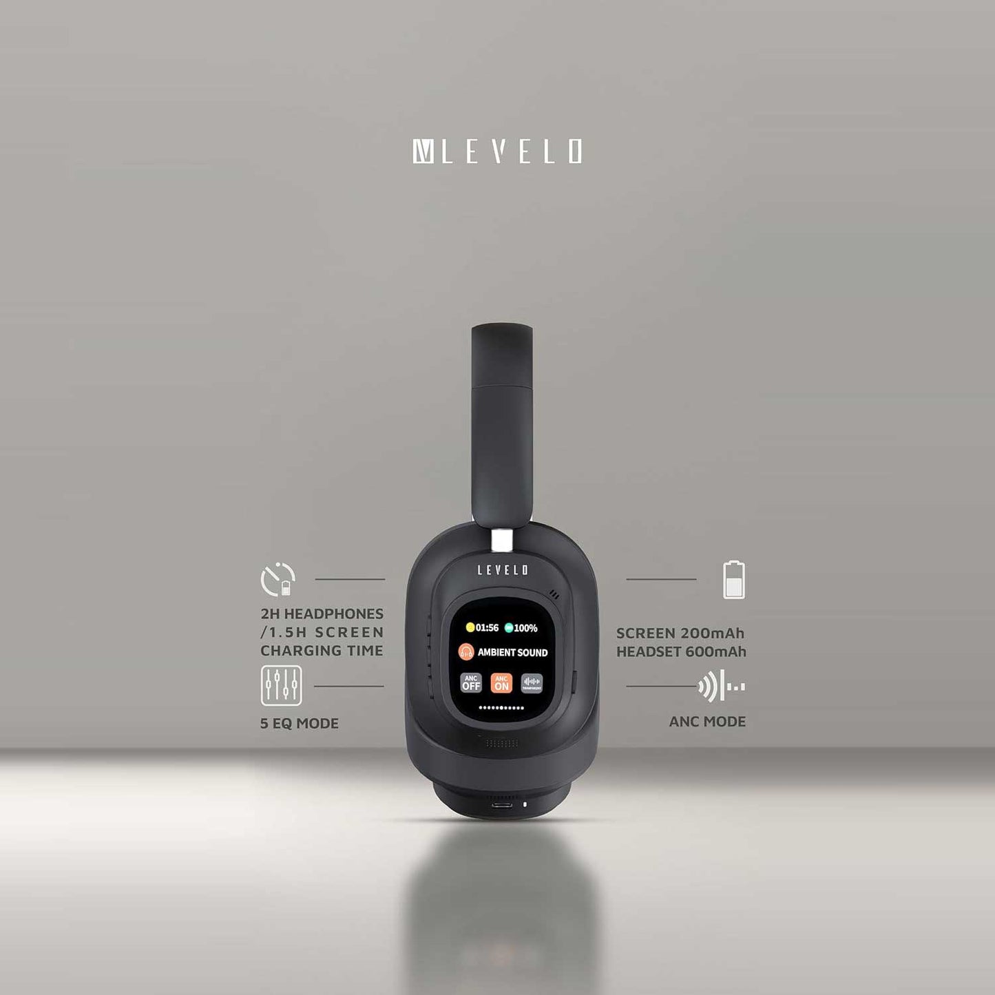Levelo VibeMaster Hybrid ANC Headphones, 5 EQ Modes, Playtime 25H (ANC On), Playtime 40H (ANC Off), Portable Touch Display, Foldable Design, 2H Headphones /1.5H Screen Charging Time - Black