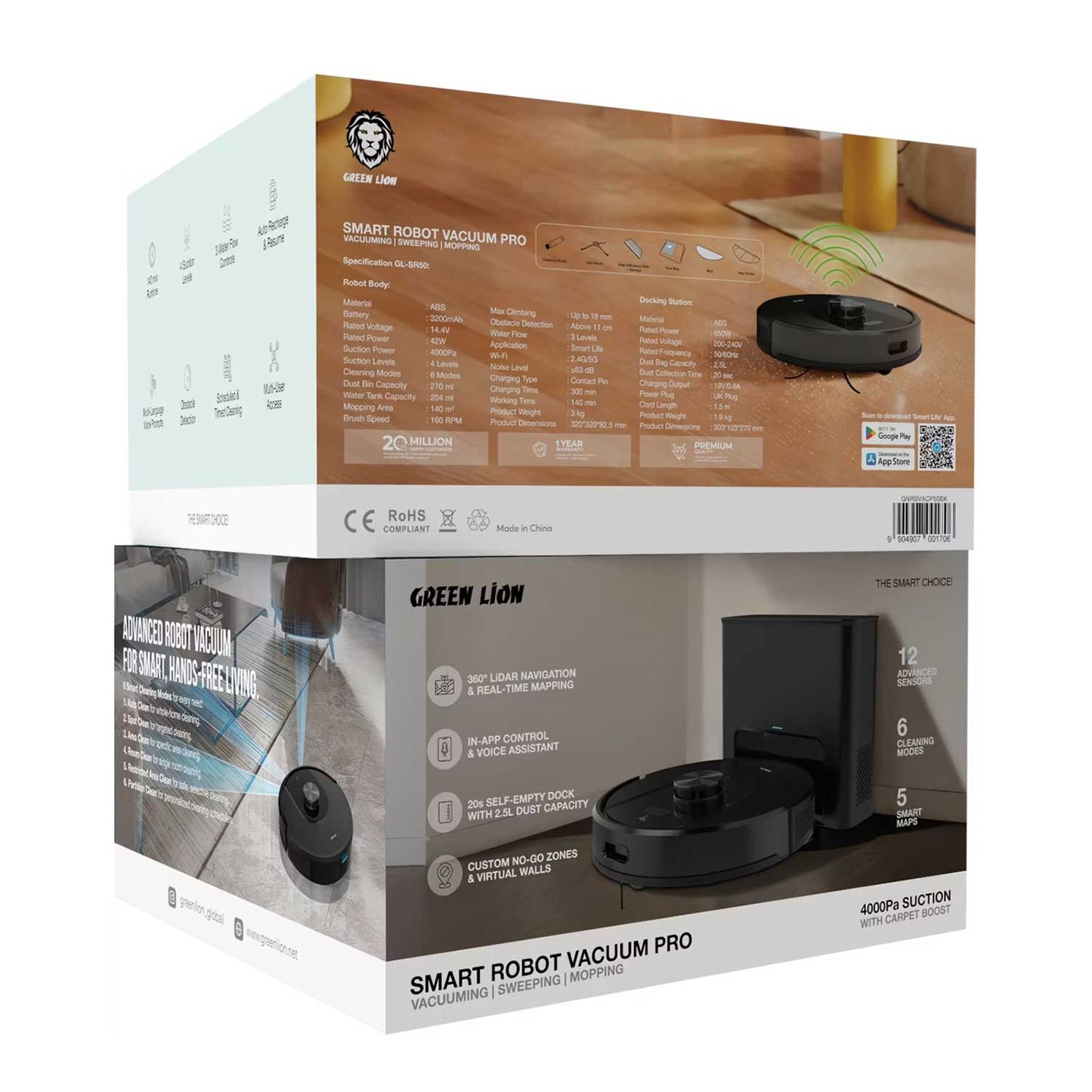 Green Lion Smart Robot Vacuum Pro with 4000Pa Suction Power, Sweeping & Mopping Functions, 140 Minutes Runtime, Auto-Recharge & Resume, Obstacle Detection - Black