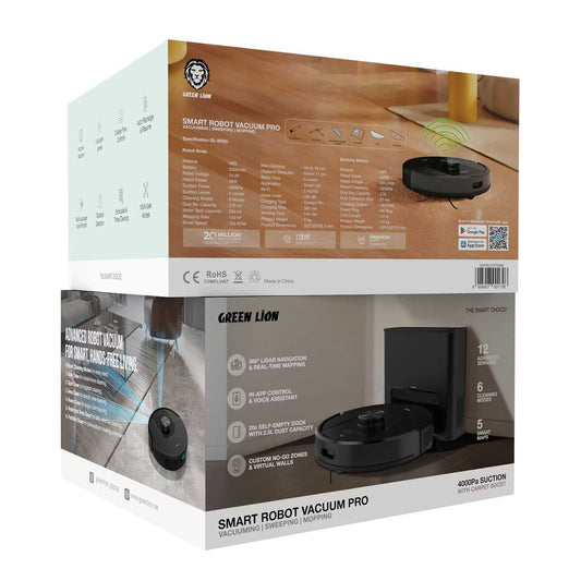 Green Lion Smart Robot Vacuum Pro with 4000Pa Suction Power, Sweeping & Mopping Functions, 140 Minutes Runtime, Auto-Recharge & Resume, Obstacle Detection - Black