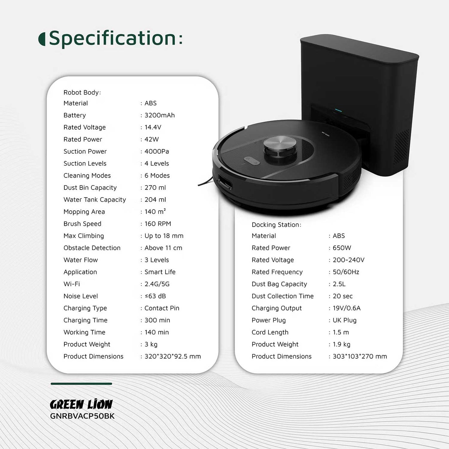 Green Lion Smart Robot Vacuum Pro with 4000Pa Suction Power, Sweeping & Mopping Functions, 140 Minutes Runtime, Auto-Recharge & Resume, Obstacle Detection - Black