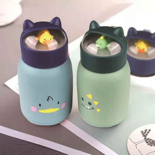 Cute Cartoon Glass Water Bottle with Animal Design Cap, Double Layer Inner Glass Outer Plastic