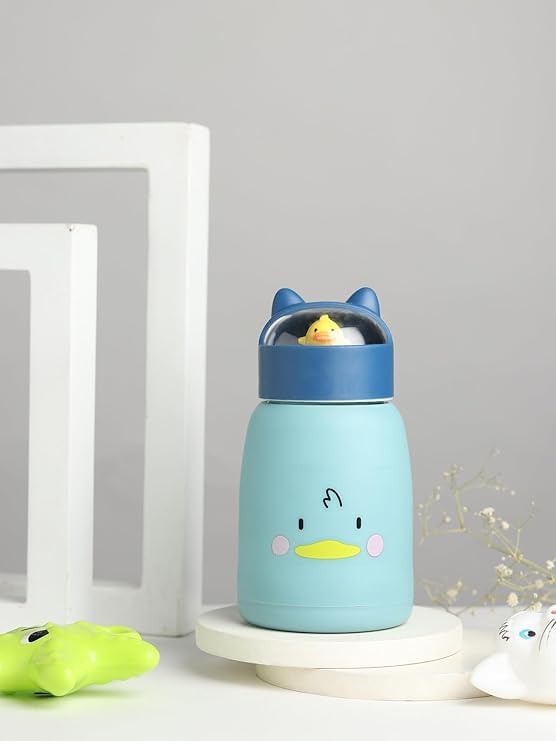 Cute Cartoon Glass Water Bottle with Animal Design Cap, Double Layer Inner Glass Outer Plastic
